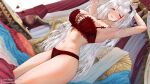  1girl alcohol armpits arms_up azur_lane bed blush bra breasts cup drinking_glass grey_hair hair_between_eyes kitsune-neko lace-trimmed_bra lace-trimmed_panties lace_trim large_breasts lingerie long_hair looking_at_viewer multicolored_hair navel panties prinz_eugen_(azur_lane) red_hair smile solo streaked_hair two_side_up underwear very_long_hair white_hair wine wine_glass 