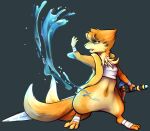  2015 2_tails 3_toes bandage biped black_nose blue_eyes chest_tuft feet female feral fingers floatz floatzel fur generation_4_pokemon grey_background hair holding_object holding_weapon melee_weapon multi_tail nintendo open_mouth orange_body orange_fur orange_hair pokemon pokemon_(species) simple_background solo standing sword tail toes tuft tylowell water weapon 