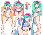  1girl aqua_hair ass_visible_through_thighs blue_eyes blush breasts bulma can chibi cleavage closed_mouth crossed_legs dragon_ball dragon_ball_(object) dragon_ball_z earrings frown full_body hairband highres holding holding_can jewelry large_breasts medium_hair midriff multiple_views no_bra open_mouth red_hairband rope scott_malin sitting standing surprised tank_top underwear 
