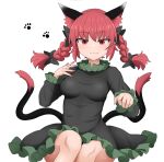 1girl :3 animal_ear_fluff animal_ears black_bow bow braid breasts cat_ears cat_tail chups commentary_request dress extra_ears fang fang_out frills grey_dress hair_bow highres kaenbyou_rin legs_together long_sleeves multiple_tails nail_polish nekomata red_eyes red_hair red_nails simple_background solo tail touhou tsurime twin_braids two_tails white_background wide_hips 