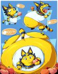  absurd_res animal_crossing ankha_(animal_crossing) anthro belly big_belly big_butt black_eyes blue_hair body_inflation butt clothing domestic_cat eating felid feline felis female food fruit fur gameplay_mechanics hair hi_res huge_butt hyper hyper_belly hyper_butt immobile inflation mammal markings navel nintendo panties plant solo striped_markings striped_tail stripes stuffing tail tail_markings underwear veryfilthything weight_gain yellow_body yellow_fur 