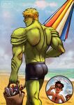  2boys :3 alien ass back bara beach black_hair blonde_hair blush character_request chest_hair chibi chibi_inset colored_skin couple cris_art ear_piercing feet_out_of_frame green_scales green_skin grey_male_swimwear holding holding_umbrella hulkling interspecies looking_at_viewer looking_back male_focus male_swimwear marvel multiple_boys muscular muscular_male piercing sand short_hair sparkle sparkle_background sunglasses swim_briefs thick_eyebrows topless_male turning_head umbrella walking wiccan yaoi 