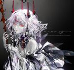  1girl albino alternate_universe bare_shoulders black_nails breasts cleavage english_text hair_ornament highres holding holding_staff hololive hololive_english horns irys_(hololive) looking_at_viewer pale_skin redjuice simple_background staff white_hair wings 