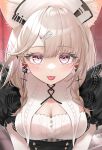  1girl animal_ears arknights breasts cat_ears cleavage ear_piercing earrings hair_ornament hairclip highres jewelry kazemaru_(arknights) kazemaru_(like_illusion)_(arknights) landl maid maid_headdress medium_breasts mole mole_under_eye piercing pink_eyes tongue tongue_out white_hair 