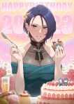  1girl absurdres bare_shoulders blue_dress blue_hair blue_nails breasts byleth_(fire_emblem) byleth_(male)_(fire_emblem) cake cleavage commentary_request cupcake doughnut dress fire_emblem fire_emblem:_three_houses food fork grin hands_up happy_birthday highres holding holding_fork homomomomon looking_at_viewer nail_polish off-shoulder_dress off_shoulder purple_eyes shamir_nevrand short_hair smile solo upper_body 