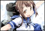  1girl artist_logo blue_neckerchief blue_sailor_collar blue_skirt brown_eyes brown_hair fubuki_(kancolle) ham_(points) kantai_collection low_ponytail machinery medium_hair neckerchief outstretched_arms sailor_collar school_uniform serafuku short_ponytail skirt smile solo upper_body 