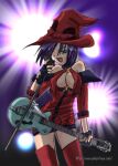  bare_shoulders boots breasts cleavage fingerless_gloves gloves green_eyes guilty_gear guilty_gear_x guitar hat holding holding_guitar holding_microphone i-no instrument kinomin lowres microphone microphone_stand miniskirt non-web_source purple_hair skirt solo thigh_boots witch_hat 