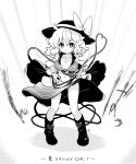  1girl ahoge aura bare_legs boots bow breasts cleavage commentary_request greyscale hat hat_bow heart heart_of_string komeiji_koishi large_breasts long_hair looking_at_viewer monochrome navel smile solo tanasuke third_eye touhou v-shaped_eyebrows 