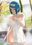  1girl arm_at_side blue_eyes blue_hair breasts bright_pupils commentary_request completely_nude covering freckles groin hair_ornament highres holding holding_towel lana&#039;s_mother_(pokemon) large_breasts looking_to_the_side makoto_daikichi mature_female naked_towel no_sclera nude nude_cover onsen parted_lips partially_submerged pokemon pokemon_(anime) pokemon_sm_(anime) short_hair smile solo steam swept_bangs towel water water_drop white_pupils 