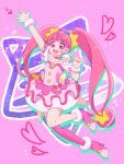  1girl :d arm_up choker cure_star dress full_body fuwa_(precure) hair_ornament heart highres hoshina_hikaru long_hair looking_at_viewer magical_girl open_mouth pink_choker pink_dress pink_eyes pink_footwear pink_hair pink_thighhighs planet_hair_ornament precure single_thighhigh smile solo star_(symbol) star_choker star_hair_ornament star_twinkle_precure thighhighs twintails usiusi_nanas very_long_hair 