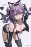  1girl animal_ears bare_shoulders bent_over black_choker black_gloves black_shirt black_shorts black_thighhighs breasts cat_ears chain choker cleavage closed_mouth commission crop_top demon_tail demon_wings elbow_gloves garter_straps gloves hair_ornament hairband hairclip hand_on_own_knee hand_up highres large_breasts latex latex_gloves leaning long_hair looking_at_viewer low_wings micro_shorts midriff mole mole_under_eye original purple_eyes purple_hair revealing_clothes see-through shirt shorts skeb_commission sleeveless sleeveless_shirt smile solo sooon spaghetti_strap standing tail tail_raised thighhighs thighs tongue tongue_out twintails v wings 