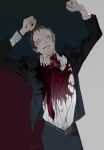  1boy adachi_tooru arms_up belt black_jacket black_pants blood blood_from_mouth blood_on_clothes blood_on_face blood_on_hands blood_splatter blush brown_belt brown_hair business_suit collared_shirt commentary_request cowboy_shot highres jacket kaninn long_sleeves looking_at_viewer male_focus necktie nosebleed open_mouth pants persona persona_4 pink_eyes red_necktie shirt short_hair smile solo suit twitter_username white_shirt 