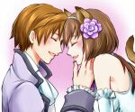 1boy 1girl :d ^_^ animal_ears ascot avatar_(ff11) bangs bare_shoulders breasts bride brown_hair cat_ears cat_girl cat_tail closed_eyes facing_another final_fantasy final_fantasy_xi flower formal from_side grey_hairband groom hair_between_eyes hair_flower hair_ornament hairband hume long_hair medium_breasts mithra_(ff11) open_mouth ponytail purple_flower sakutsuki short_hair smile tail tail_raised white_ascot 
