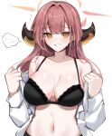  ... 1girl absurdres aru_(blue_archive) black_bra black_panties blue_archive blush bra breasts clothes_pull collarbone demon_horns flying_sweatdrops halo highres horns large_breasts looking_at_viewer mindoll navel open_clothes open_shirt panties pink_hair shirt shirt_pull simple_background solo spoken_blush spoken_ellipsis sweatdrop underwear upper_body white_background white_shirt 