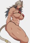  1girl ? abs absurdres animal_ears arms_behind_back bare_shoulders bikini breasts choker closed_mouth dark-skinned_female dark_skin eyepatch ghislaine_dedoldia grey_hair hair_between_eyes harurukan highres large_breasts long_hair looking_at_viewer micro_bikini muscular muscular_female mushoku_tensei navel one-eyed red_bikini red_choker red_eyes scar scar_on_cheek scar_on_face scar_on_stomach solo stomach swimsuit tail tail_ornament tail_ring thick_thighs thighs twitter_username white_background 