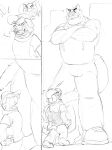  2023 anthro bottomwear brok_the_investigator clothing comic domestic_cat felid feline felis graff_filsh hat headgear headwear hi_res hoodie hybrid kemono macro mammal monochrome mustelid ott_(brok_the_investigator) otter pants shirt size_difference skydon suid suina topwear warthog 