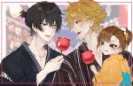  1girl 2boys absurdres artist_name black_kimono blonde_hair brown_hair buddy_daddies candy_apple cat_hair_ornament collarbone eating food hair_between_eyes hair_ornament hair_up highres holding holding_food japanese_clothes kaokiiumu kimono kurusu_kazuki medium_hair multiple_boys outdoors photo_background red_eyes short_hair striped striped_kimono suwa_rei tongue tongue_out unasaka_miri upper_body yellow_kimono 