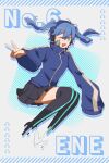  1girl aqua_thighhighs black_skirt black_thighhighs blue_eyes blue_hair blue_jacket blue_stripes blunt_ends character_name collared_jacket commentary cropped_legs diagonal_stripes double-parted_bangs ene_(kagerou_project) facial_mark hair_between_eyes headphones highres jacket kagerou_project koyon long_hair looking_at_viewer mekakucity_actors midair miniskirt multicolored_background multicolored_clothes multicolored_jacket one_eye_closed open_mouth pleated_skirt polka_dot polka_dot_background popped_collar single_stripe skirt sleeves_past_elbows smile solo striped striped_jacket teeth thighhighs track_jacket twintails two-tone_jacket two-tone_thighhighs upper_teeth_only v very_long_sleeves white_background white_jacket white_stripes zipper 