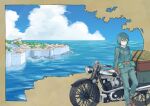  1girl absurdres androgynous bedroll belt_pouch border brough_superior brown_border city cloud day green_eyes green_hair hermes_(kino_no_tabi) highres holster kanbaru_mitsuki kino_(kino_no_tabi) kino_no_tabi leather_belt motor_vehicle motorcycle ocean outdoors pouch reverse_trap saddlebags seaside sky tomboy tree 