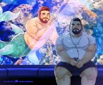  2boys aquarium bad_id bad_twitter_id bara beard belly black_hair black_shorts blush bulge closed_eyes daisukebear earphones facial_hair feet_out_of_frame fish_tank hand_on_glass interspecies large_pectorals listening_to_music male_focus mature_male mermay_2023 multiple_boys muscular muscular_male nude orange_hair original pectorals plump reaching shirt short_hair shorts sitting smile t-shirt thick_mustache thick_thighs thighs tight_clothes tight_shirt yaoi 