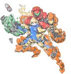  1girl abysnova arm_cannon blonde_hair blue_eyes bodysuit highres long_hair mecha metroid ponytail robot samus_aran see-through solo weapon white_background zero_suit 