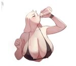  anthro big_breasts boss_monster bottle bovid bra breasts bust_portrait caprine clothing container drinking female floppy_ears goat hi_res horn huge_breasts long_ears mammal mature_female oanju portrait simple_background solo toriel undertale undertale_(series) underwear water_bottle white_background 