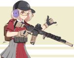  1girl ar-15 backpack bag blonde_hair bob_cut glasses gun hair_ribbon hat headphones lycoris_recoil magazine_(weapon) nishikigi_chisato raps_(yohomeboyraps) ribbon rifle school_uniform shaka_sign simple_background smile solo weapon 