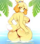  2023 absurd_res animal_crossing anthro artist_name big_butt bikini blonde_hair breasts butt canid canine canis clothed clothing digital_media_(artwork) dipstick_tail domestic_dog female fingers hair hi_res isabelle_(animal_crossing) looking_at_viewer looking_back looking_back_at_viewer mammal markings nintendo partially_submerged shih_tzu side_boob solo swimwear tail tail_markings thick_thighs toy_dog vtalna1 water 