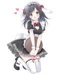  1girl :d absurdres animal_ears black_dress black_footwear black_hair blush breasts brown_eyes cleavage cleavage_cutout clothing_cutout collared_dress commentary_request dress frilled_dress frills full_body heart heart_cutout heart_o-ring highres holding holding_tray korie_riko looking_at_viewer maid medium_breasts original pleated_dress puffy_short_sleeves puffy_sleeves rabbit_ears rabbit_girl rabbit_tail shoes short_sleeves simple_background smile solo swept_bangs tail thighhighs tray white_background white_thighhighs 