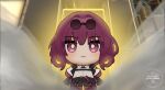  1girl a-pose chibi closed_mouth english_commentary english_text gacha gameplay_mechanics gloves honkai:_star_rail honkai_(series) kafka_(honkai:_star_rail) pantyhose pootaetae purple_eyes purple_gloves purple_hair shirt solo standing white_shirt 