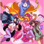  6+girls aino_minako artemis_(sailor_moon) barefoot bishoujo_senshi_sailor_moon blonde_hair blue_hair brown_hair cat chibi_usa feet happy hino_rei kino_makoto mizuno_ami multiple_girls murimajimuri pajamas pink_pajamas short_hair sleeping smile tsukino_usagi 