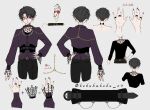  1boy absurdres black_hair black_pants black_shirt bokuhaboku bug earrings flower halloween heterochromia highres jacket jewelry long_sleeves male_focus multicolored_nails open_mouth orange_eyes orange_nails original pants purple_eyes purple_jacket purple_nails red_flower red_rose ring rose shirt short_hair smile solo spider spider_web_pattern 