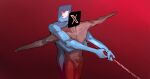  2boys blue_skin colored_skin gradient_background highres holding holding_polearm holding_weapon hug hug_from_behind lance_of_longinus_(evangelion) multiple_boys neon_genesis_evangelion nude object_head outstretched_arms parody personification polearm shiburingaru spear spread_arms twitter twitter_bird twitter_logo weapon 