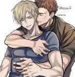  2boys arm_around_shoulder bishounen black_shirt blonde_hair blue_eyes blue_shirt brown_hair chris_redfield closed_eyes collarbone english_text facial_hair hair_between_eyes heart hug hug_from_behind leon_s._kennedy looking_to_the_side male_focus multiple_boys muscular nuzzle resident_evil shirt short_hair signature sketch smile twitter_username white_background yaoi yugumotwst 