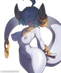  1girl ahoge blue_hair blue_skin blush bob_cut bracelet breasts colored_nipples colored_skin fewer_digits gold hair_over_eyes highres horn_ornament horn_ring horns jewelry large_breasts monster_girl narrow_waist navel necklace nipples nose_blush nude original piercing purple_nipples pussy simple_background solo sverhnova tail tail_ornament tail_piercing thighs twitter_username white_background wide_hips 