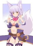  1girl absurdres animal_ear_fluff animal_ears blush bow breasts cleavage commentary_request cosplay cowboy_shot crisis_management_form_(machimazo) detached_collar detached_sleeves double_fox_shadow_puppet fox_ears fox_girl fox_shadow_puppet fox_tail frilled_sleeves frills garter_belt grey_hair hands_up highres large_breasts long_hair looking_at_viewer machikado_mazoku navel panties parted_lips pink_bow pon_sugar purple_background purple_hair purple_panties riko_(machikado_mazoku) simple_background solo standing tail thighs underwear white_background wide_sleeves yellow_eyes yoshida_yuuko_(machikado_mazoku) yoshida_yuuko_(machikado_mazoku)_(cosplay) 