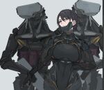  1girl 2others armor artist_request black_armor black_hair breasts brown_eyes cyborg large_breasts multiple_others original short_hair tagme weapon 