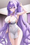  ai-generated armpits breasts dress highres impossible_clothes impossible_dress jewelry large_breasts long_hair necklace no_panties no_pussy non-web_source original purple_eyes purple_hair very_long_hair 