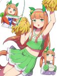  1-4daithi 1girl absurdres alternate_costume alternate_hairstyle animal_ears anime_coloring apron arm_up armpits blunt_bangs breasts carrot cheerleader collarbone commentary_request fishing_rod green_eyes hair_ornament headband highres horse_ears horse_girl horse_tail looking_at_viewer orange_hair pom_pom_(cheerleading) silence_suzuka_(umamusume) sleeveless small_breasts solo sweat tail umamusume umamusume_(anime) white_background 
