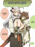  ... 2girls anger_vein anklet arknights bandaged_ankle barefoot brown_hair carrying commentary_request dragon_girl dragon_horns dragon_tail feather_hair glasses grey_hair hachi32gyi hair_between_eyes highres horns infection_monitor_(arknights) injury jacket jewelry korean_commentary korean_text long_hair long_sleeves looking_at_another multiple_girls orange_eyes orange_nails owl_ears owl_girl parted_lips plate_carrier princess_carry rhine_lab_logo saria_(arknights) short_hair silence_(arknights) simple_background speech_bubble spoken_ellipsis tail thighs toes translation_request white_background 