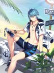  1boy ahoge arm_support bare_legs bare_pectorals beach black_footwear blue_eyes blue_hair blue_male_swimwear bottle bracelet closed_mouth closers coconut_tree foot_out_of_frame hair_between_eyes highres holding holding_bottle hood hood_down hooded_jacket jacket jammers jewelry looking_at_viewer male_swimwear nata_(closers) navel necklace ocean official_art on_bench open_clothes open_jacket palm_tree pectorals plant road_sign sand_castle sand_sculpture short_hair short_sleeves sign sitting smile solo stomach tree v-shaped_eyebrows water_bottle white_jacket wristband 