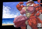  5_fingers abs anthro areola balls beach biceps big_muscles big_penis biped countershade_face countershade_torso countershading dragon fingers genitals hi_res horn huge_muscles huge_penis hyper hyper_genitalia hyper_muscles hyper_nipples hyper_penis male masterelrest muscular muscular_anthro muscular_male nipples pecs penis qr_code quads red_body seaside solo tail vein veiny_penis 