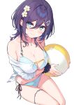  1girl ball bare_shoulders beachball bikini blue_bikini blue_eyes blue_nails breasts cleavage closed_mouth collarbone flower from_above hair_between_eyes hair_flower hair_ornament hairclip halterneck highres hisen_kaede holding jewelry konno_uzu_(hisen_kaede) large_breasts long_hair long_sleeves looking_at_viewer nail_polish necklace off-shoulder_shirt off_shoulder original purple_hair scrunchie shirt side-tie_bikini_bottom sidelocks simple_background sitting smile solo string_bikini swimsuit thigh_strap thighs white_background white_shirt wrist_scrunchie 