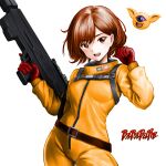  1girl baraduke belt bodysuit breasts brown_belt brown_eyes brown_hair commentary_request copyright_name cowboy_shot gloves gun highres holding holding_gun holding_weapon long_sleeves medium_breasts minamoto80486 orange_bodysuit partial_commentary red_gloves short_hair simple_background solo spacesuit standing swept_bangs toby_masuyo trigger_discipline weapon white_background zipper 