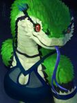  absurd_res anthro belly black_markings blue_clothing blue_markings blue_tongue breasts bust_portrait clothing dark_clothing female green_body halter hi_res looking_sideways markings portrait red_eyes reptile scales scalie snake solo tongue topwear viper white_belly zimabel 