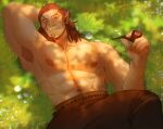  baldur&#039;s_gate body_hair bottomwear brown_hair chest_hair clothing elf hair halsin_(baldur&#039;s_gate) hi_res humanoid humanoid_pointy_ears long_hair lying male muscular muscular_humanoid muscular_male nipples on_back pants pipe scar shirtless smoking solo stormcallart tattoo 