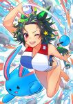  1girl alternate_costume animal_ears azumarill bikini black_hair breasts cleavage collarbone commentary_request forehead full_body hair_ornament highres horse_ears horse_girl large_breasts nabe_puyo one_eye_closed open_mouth poke_ball pokemon pokemon_(creature) red_eyes short_hair solo swimsuit umamusume water winning_ticket_(umamusume) 