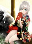  1girl alternate_costume alternate_hairstyle ashiyu bare_legs black_kimono blue_eyes eyes_visible_through_hair floral_print grey_hair hair_ornament hair_over_one_eye hairclip hamakaze_(kancolle) japanese_clothes kantai_collection kimono looking_at_viewer obi outdoors partially_submerged print_kimono red_kimono sash short_hair sitting snow solo wide_sleeves yuushin 