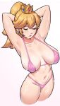  1girl armpits arms_behind_head arms_up bikini blonde_hair breasts cleavage closed_eyes closed_mouth collarbone cropped_legs crown dracksart earrings hair_between_eyes highres jewelry large_breasts lips mario_(series) navel pink_bikini ponytail princess_peach shiny_skin simple_background sweat swimsuit thighs thong_bikini wet white_background 