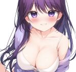  1girl bare_shoulders barefoot blush breasts cleavage collarbone commentary_request dress full_body hair_between_eyes jacket large_breasts long_hair looking_at_viewer miyasaka_naco off_shoulder open_clothes open_jacket original purple_eyes purple_hair purple_jacket simple_background sleeveless sleeveless_dress smile solo very_long_hair white_background white_dress 